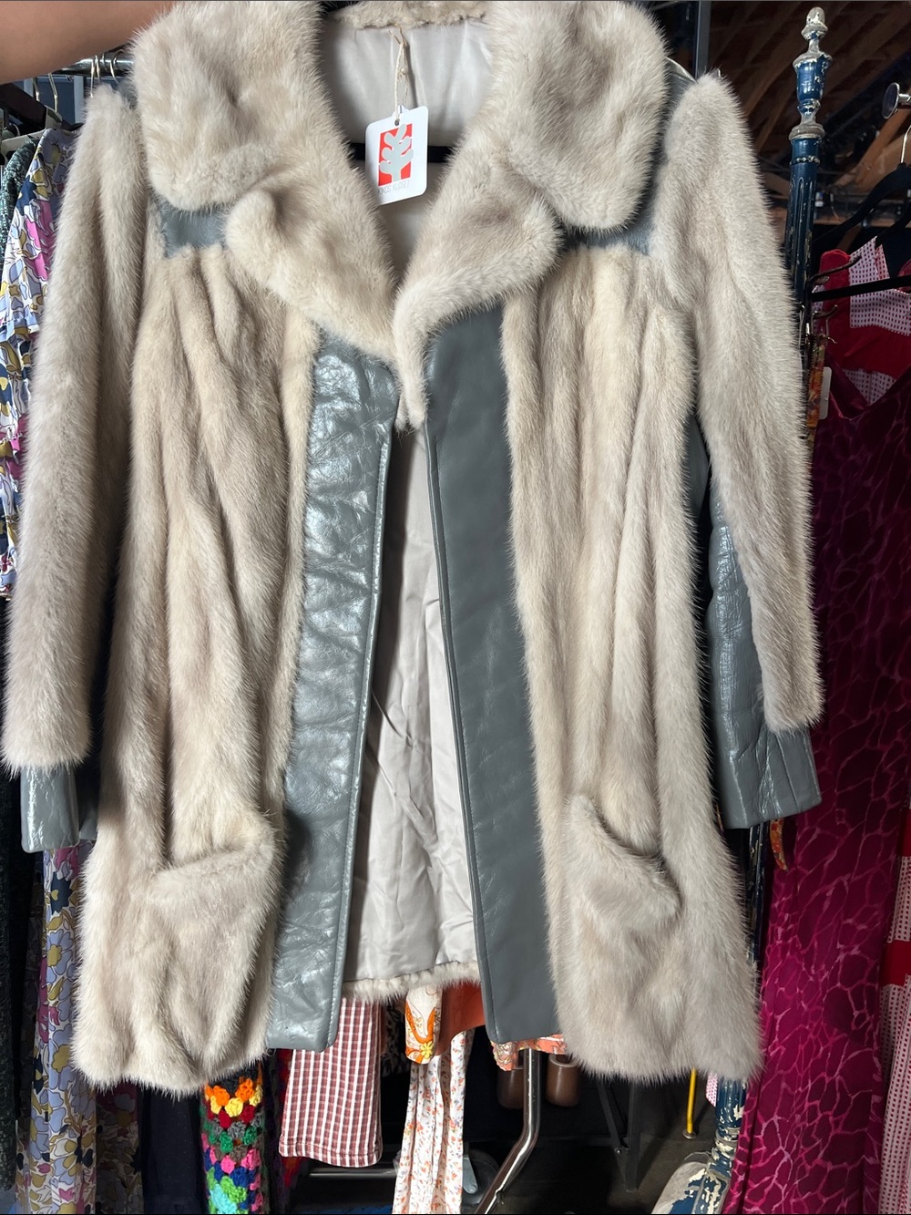 Women’s Beige Fur Coat with Gray Leather Trim